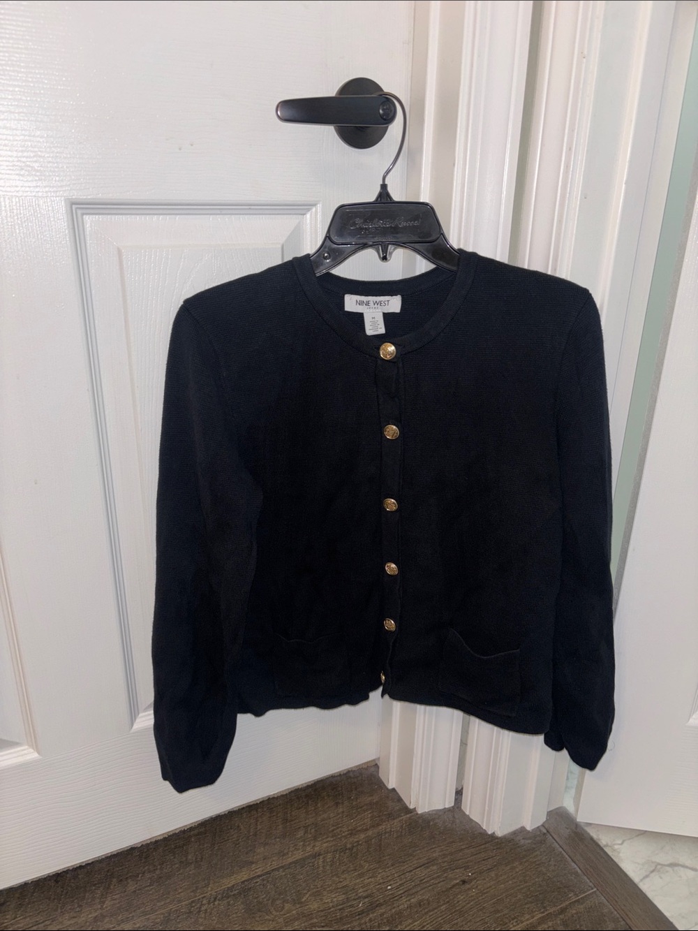Nine West Black Button-Front Cardigan Blazer with Gold Buttons